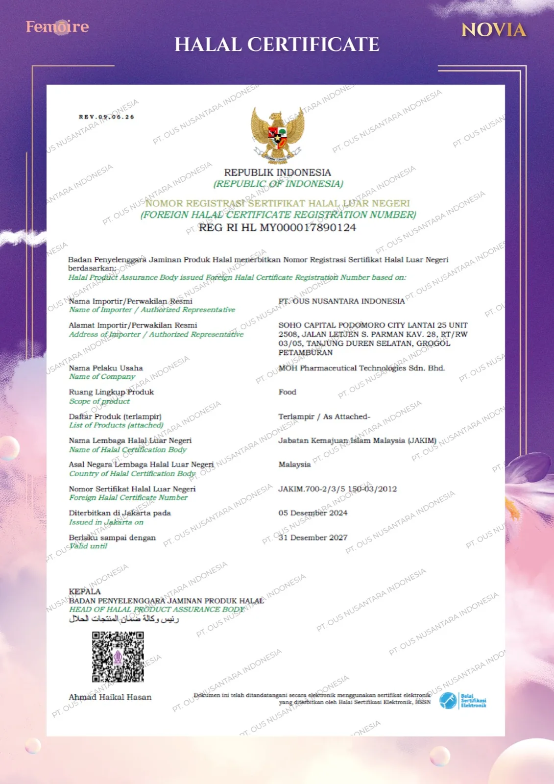 Sertifikat Halal Femoire Novia